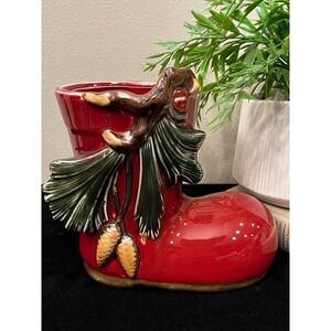 Vintage Ceramic Christmas Boot Planter Vase Red Burgundy Pinecones Evergreen